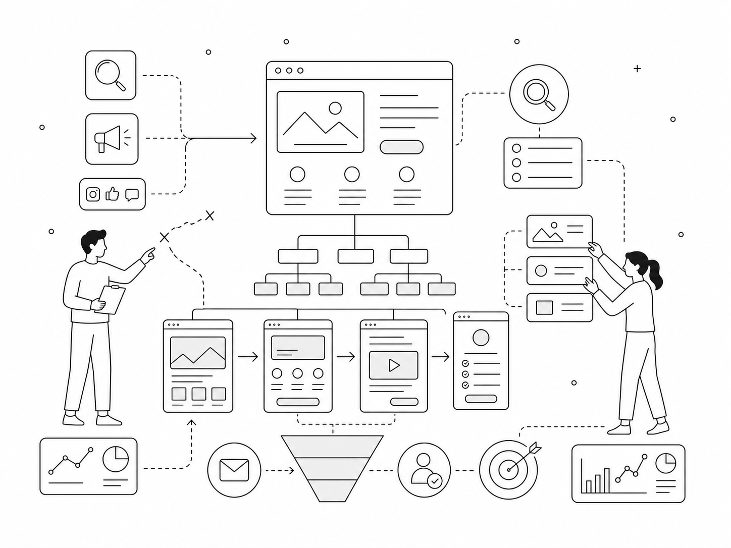 サイト構造と集客導線を診断し、問い合わせまでの流れを再設計する線画イラスト