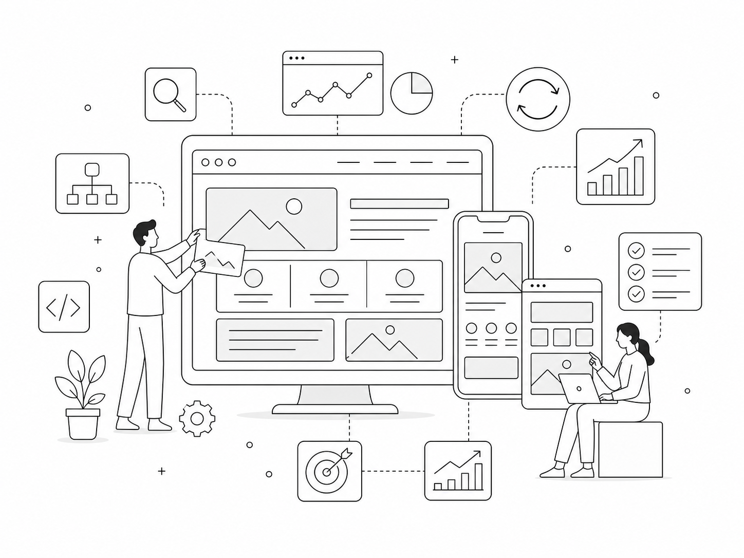 ホームページの画面設計とSEO、改善分析を行う線画イラスト
