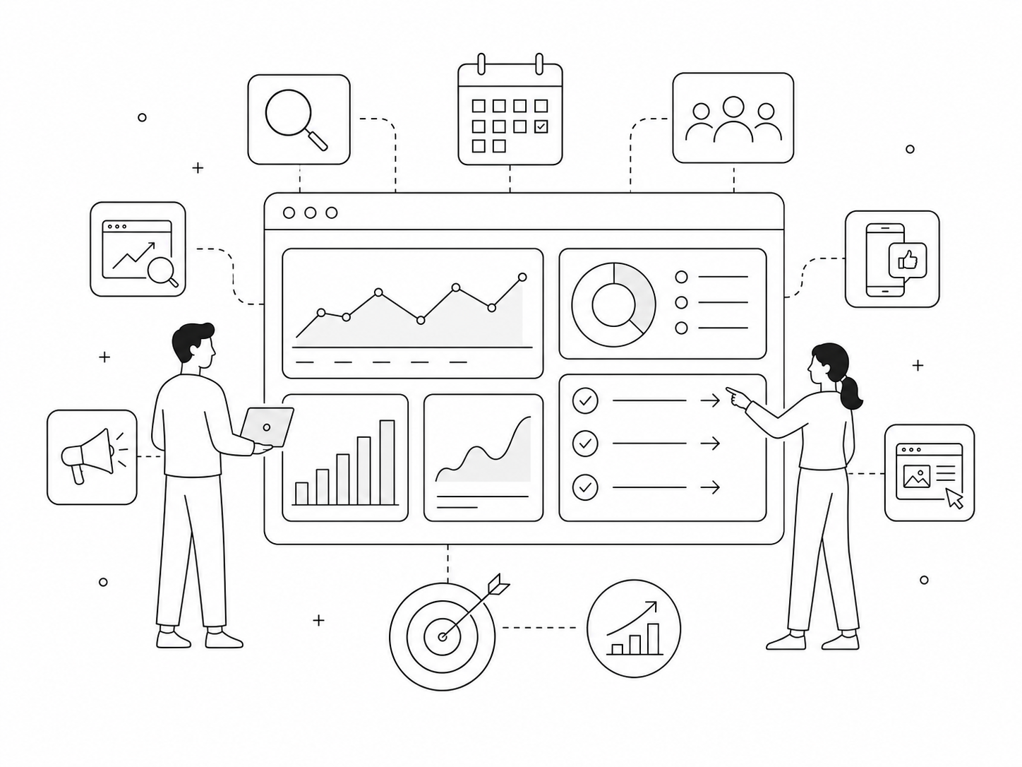 定例ミーティングで広告・SEO・SNSの分析と次の打ち手を設計する線画イラスト